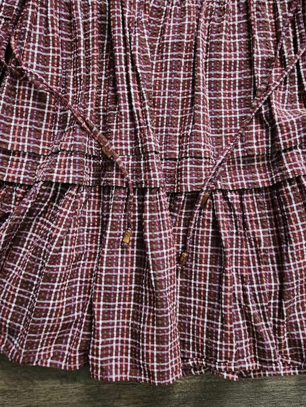 NWOT Madewell Burgundy Plaid Tiered Long-Sleeve Dress, Size S